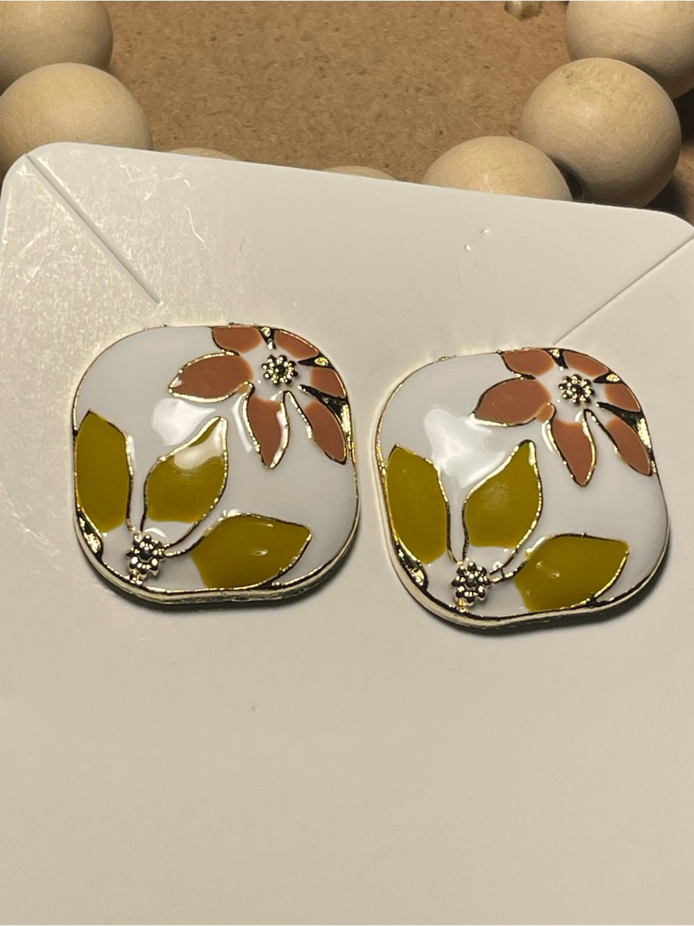 Fashion Jewelry White Enamel Earrings with Pink Flowers and Olive Green Leaves